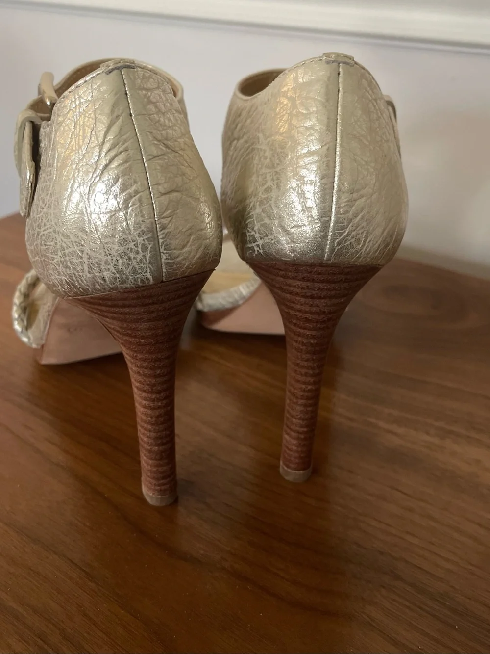 Coach Metallic Gold Braided Strap Ankle Buckle Sandals Heels 9.5